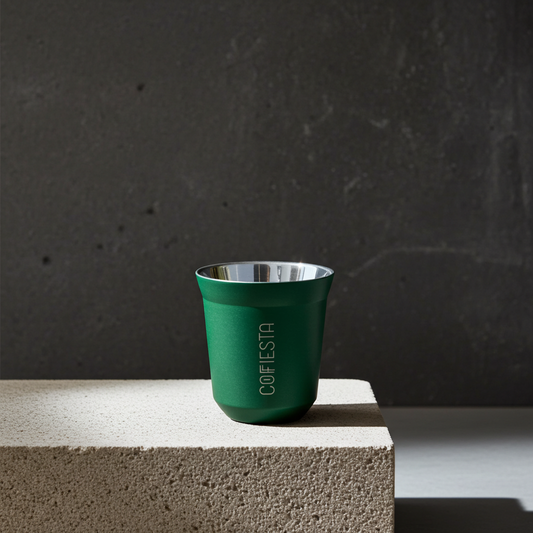 COFFIESTA zöld kávés csésze rozsdamentes acélból, dizájn darab