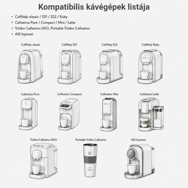 Tchibo Cafissimo kompatibilis kávégépek – Pure, Compact, Mini, DUO – Coffiesta újratölthető kapszulához